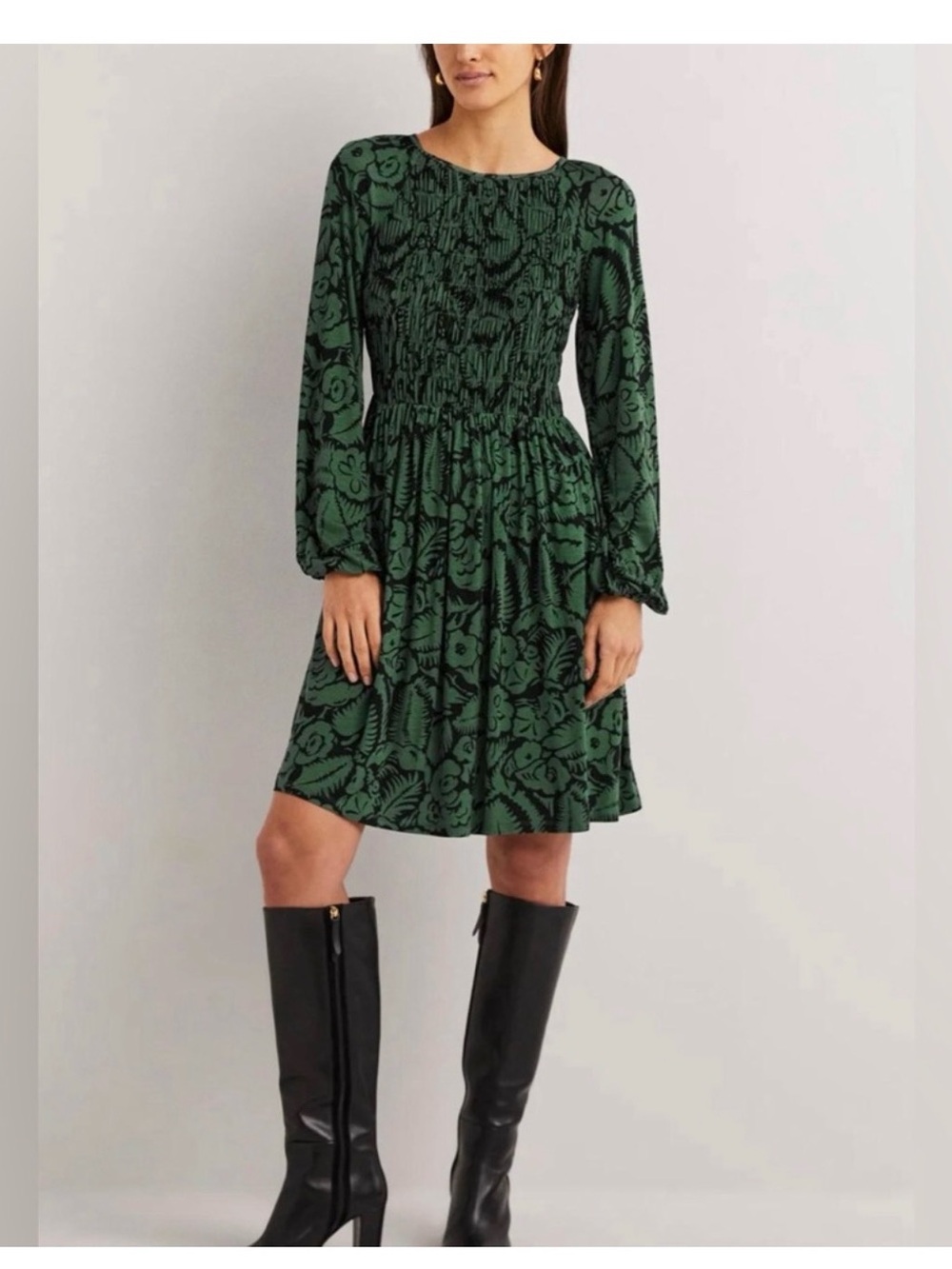 Boden Floral Smocked Bodice Balloon Sleeve Jersey Mini Dress Black Green 16/18 L